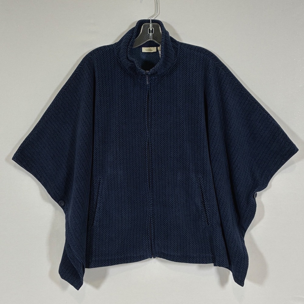 LL Bean Womens Navy Herringbone Fleece Full Zip Poncho Cape Medium 284051